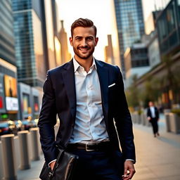 A man standing confidently on a city sidewalk, wearing a stylish, tailored navy blue suit and a crisp white shirt