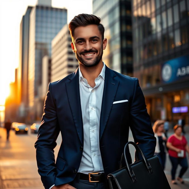 A man standing confidently on a city sidewalk, wearing a stylish, tailored navy blue suit and a crisp white shirt