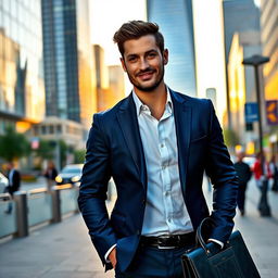 A man standing confidently on a city sidewalk, wearing a stylish, tailored navy blue suit and a crisp white shirt