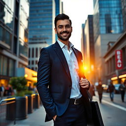 A man standing confidently on a city sidewalk, wearing a stylish, tailored navy blue suit and a crisp white shirt