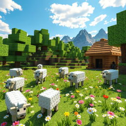 A whimsical and colorful scene featuring sheep in the world of Minecraft
