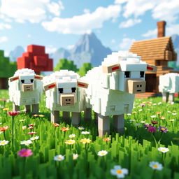 A whimsical and colorful scene featuring sheep in the world of Minecraft