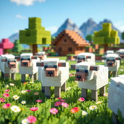 A whimsical and colorful scene featuring sheep in the world of Minecraft