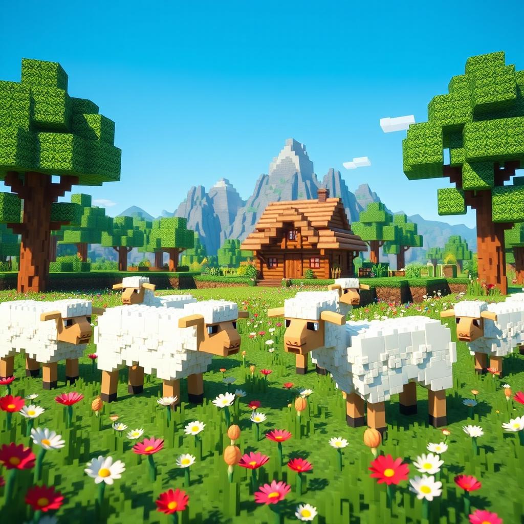 A whimsical and colorful scene featuring sheep in the world of Minecraft