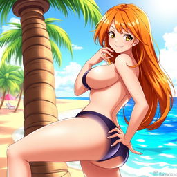 A stunning illustration of Nami from the anime One Piece, dressed in seductive, revealing clothing that highlights her curves