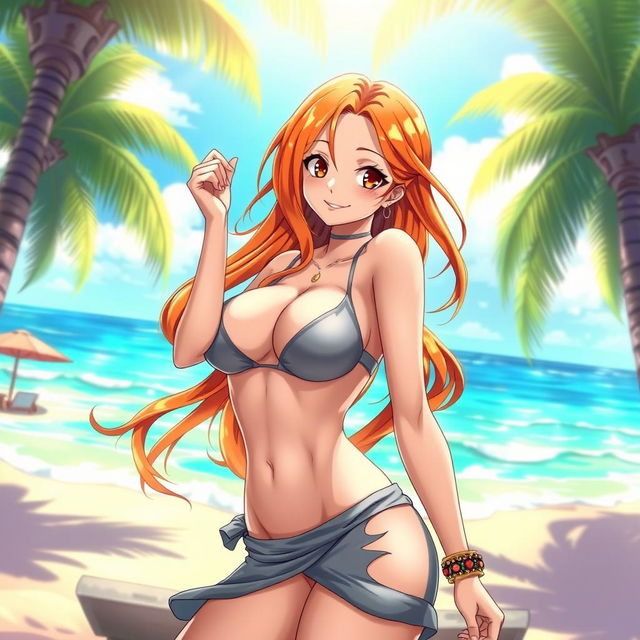 A stunning illustration of Nami from the anime One Piece, dressed in seductive, revealing clothing that highlights her curves