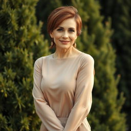 A sexy Russian woman aged between 45 to 50 years with a fashionable hairstyle, wearing modest yet stylish clothing
