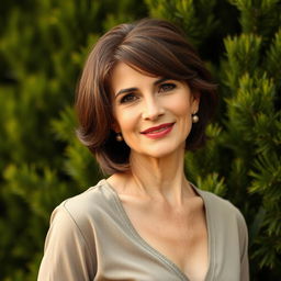 A sexy Russian woman aged between 45 to 50 years with a fashionable hairstyle, wearing modest yet stylish clothing