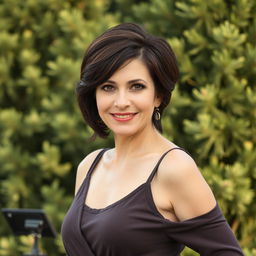 A sexy Russian woman aged between 45 to 50 years with a fashionable hairstyle, wearing modest yet stylish clothing