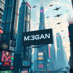A futuristic urban skyline featuring towering skyscrapers with neon lights and advanced architecture