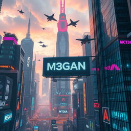 A futuristic urban skyline featuring towering skyscrapers with neon lights and advanced architecture