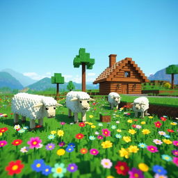 A whimsical and colorful scene depicting sheep in the Minecraft universe
