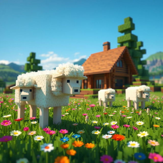 A whimsical and colorful scene depicting sheep in the Minecraft universe