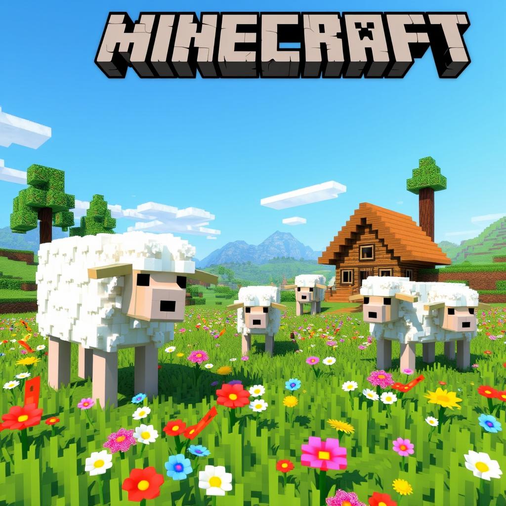 A whimsical and colorful scene depicting sheep in the Minecraft universe