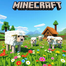 A whimsical and colorful scene depicting sheep in the Minecraft universe