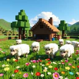 A whimsical and colorful scene depicting sheep in the Minecraft universe