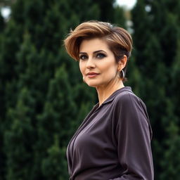 A sexy Russian woman aged between 45 to 50 years with a chic and trendy hairstyle, dressed in modest yet stylish attire