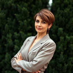 A sexy Russian woman aged between 45 to 50 years with a chic and trendy hairstyle, dressed in modest yet stylish attire