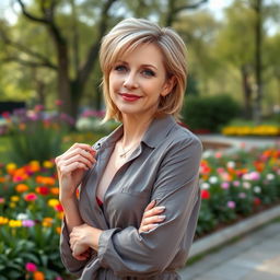 A sexy Russian woman aged between 45 to 50 years with a trendy hairstyle, wearing modest yet stylish attire