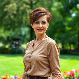 A sexy Russian woman aged between 45 to 50 years with a trendy hairstyle, wearing modest yet stylish attire