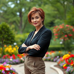 A sexy Russian woman aged between 45 to 50 years with a trendy hairstyle, wearing modest yet stylish attire
