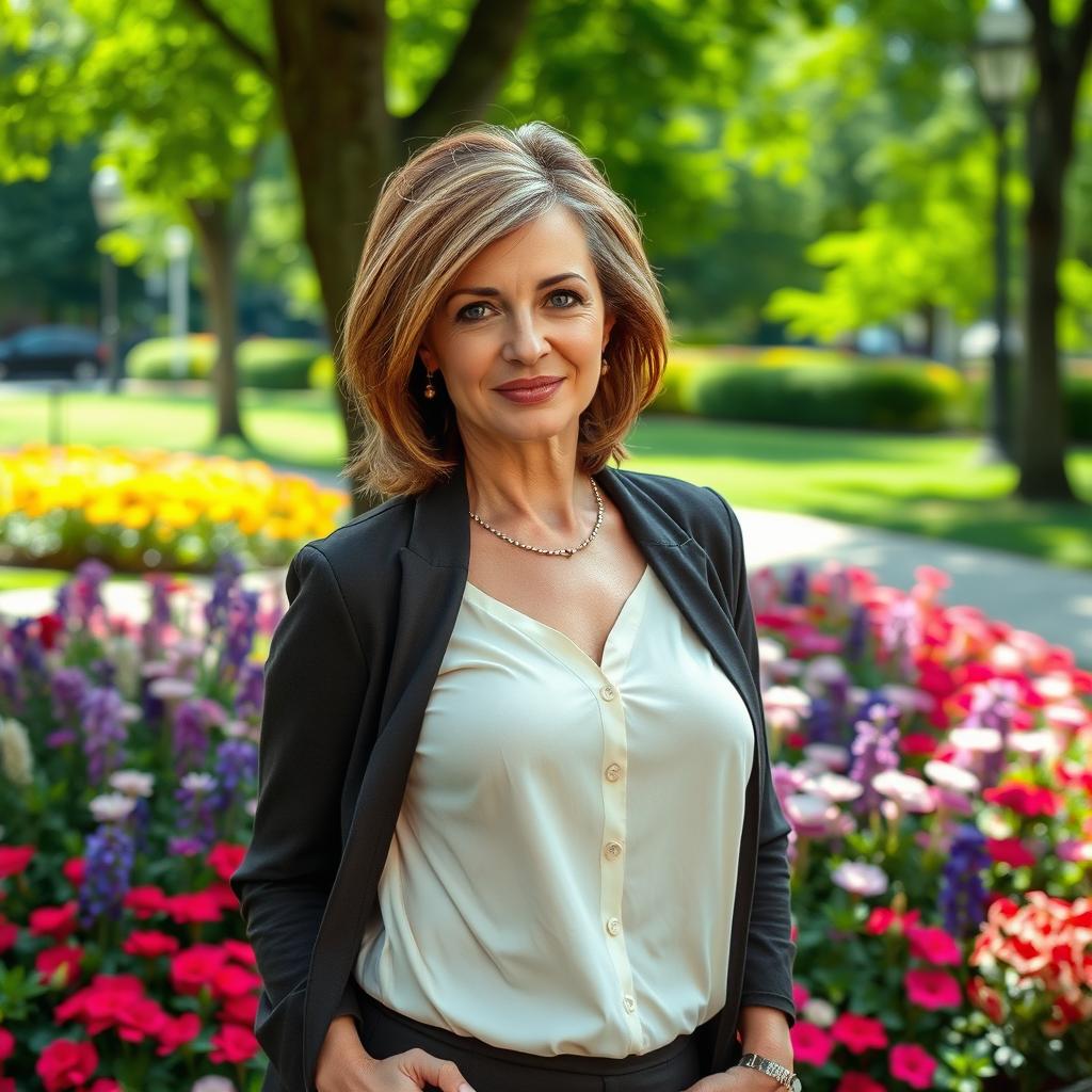 A sexy Russian woman aged between 45 to 50 years with a trendy hairstyle, wearing modest yet stylish attire