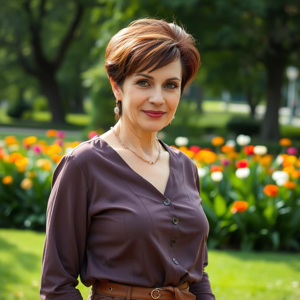 A sexy Russian woman aged between 45 to 50 years with a trendy hairstyle, dressed in modest yet stylish clothing