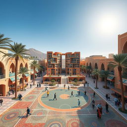 A vibrant Arab city named Yaral, featuring streets richly carpeted with colorful designs, reflecting traditional patterns