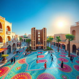 A vibrant Arab city named Yaral, featuring streets richly carpeted with colorful designs, reflecting traditional patterns