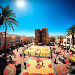 A vibrant Arab city named Yaral, featuring streets richly carpeted with colorful designs, reflecting traditional patterns