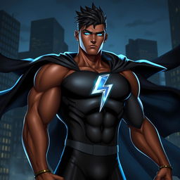 Leon is a tall superhero with an athletic build, bronze skin, and glowing blue eyes