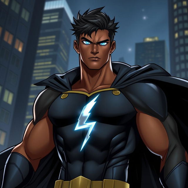 Leon is a tall superhero with an athletic build, bronze skin, and glowing blue eyes