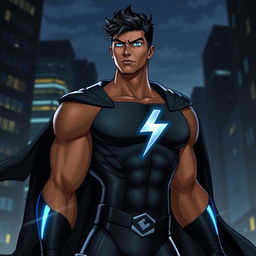 Leon is a tall superhero with an athletic build, bronze skin, and glowing blue eyes