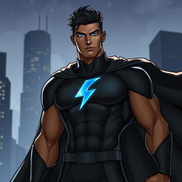 Leon is a tall superhero with an athletic build, bronze skin, and glowing blue eyes