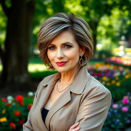 A sexy Russian woman aged between 45 to 50 years old, showcasing a fashionable and trendy hairstyle