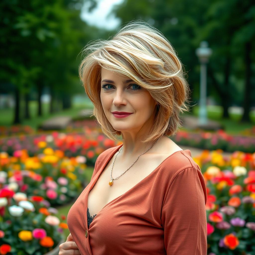 A sexy Russian woman aged between 45 to 50 years old, showcasing a fashionable and trendy hairstyle