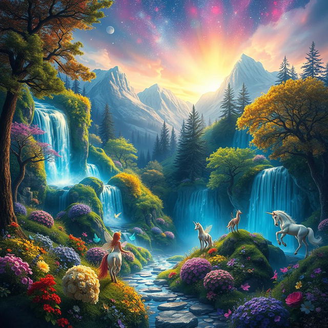 A mystical world filled with vibrant colors, featuring lush enchanted forests with glowing flora, ethereal waterfalls cascading with shimmering water, and majestic mountains in the background under a starlit sky