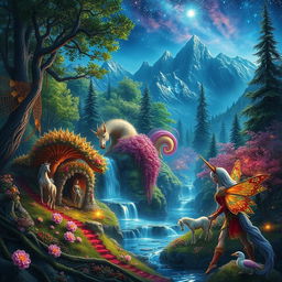 A mystical world filled with vibrant colors, featuring lush enchanted forests with glowing flora, ethereal waterfalls cascading with shimmering water, and majestic mountains in the background under a starlit sky
