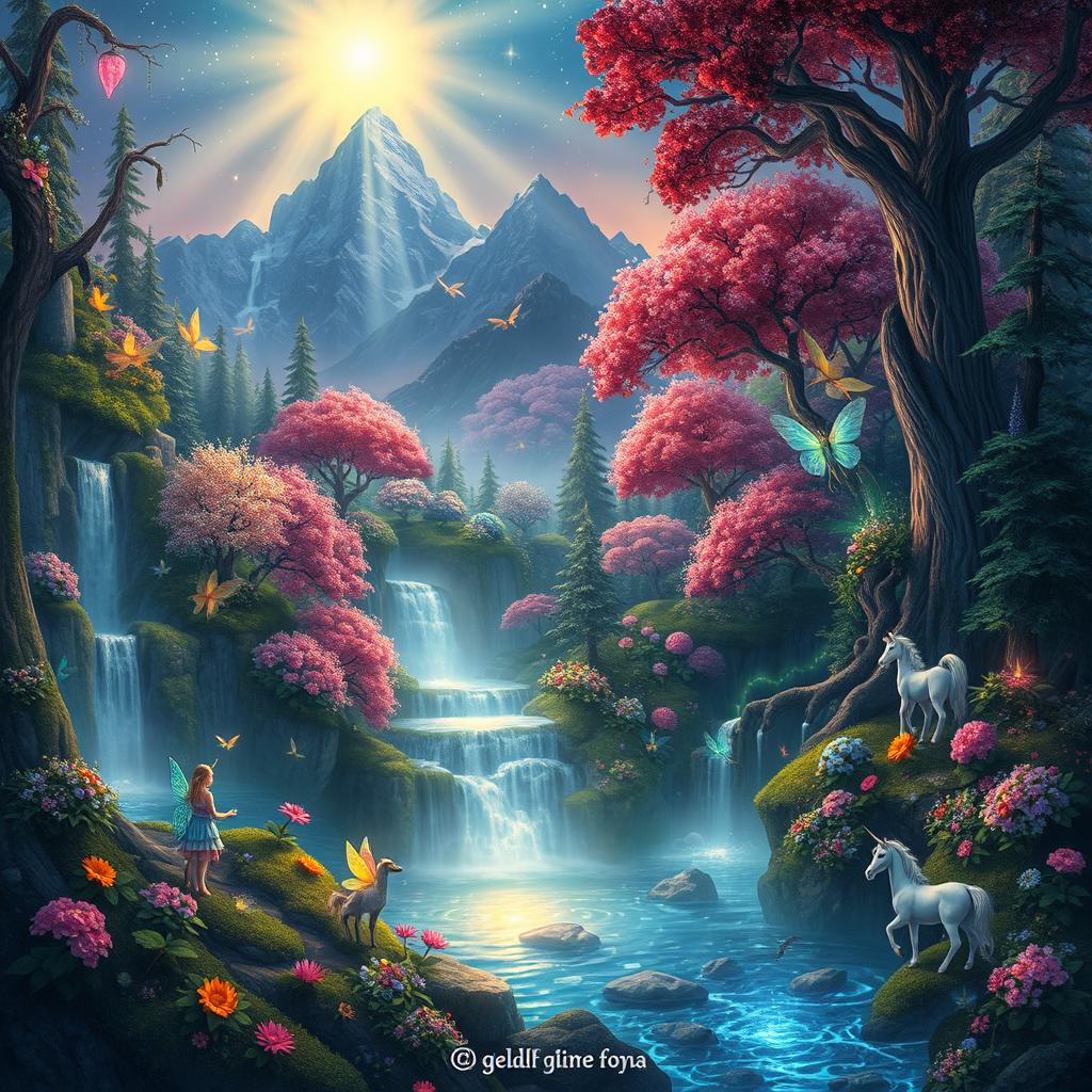 A mystical world filled with vibrant colors, featuring lush enchanted forests with glowing flora, ethereal waterfalls cascading with shimmering water, and majestic mountains in the background under a starlit sky