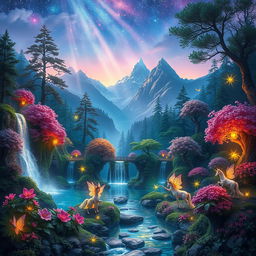 A mystical world filled with vibrant colors, featuring lush enchanted forests with glowing flora, ethereal waterfalls cascading with shimmering water, and majestic mountains in the background under a starlit sky