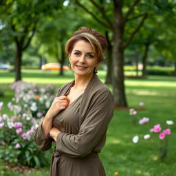 A sexy Russian woman aged between 45 to 50 years with a fashionable hairstyle, dressed in modest yet stylish clothing