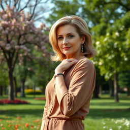 A sexy Russian woman aged between 45 to 50 years with a fashionable hairstyle, dressed in modest yet stylish clothing
