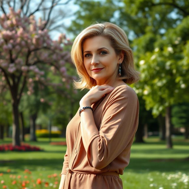 A sexy Russian woman aged between 45 to 50 years with a fashionable hairstyle, dressed in modest yet stylish clothing