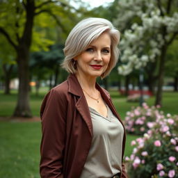A sexy Russian woman aged between 45 to 50 years with a fashionable hairstyle, dressed in modest yet stylish clothing