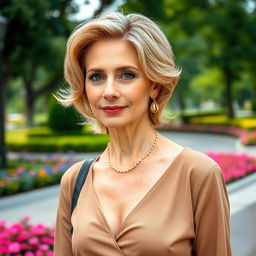 A sexy Russian woman aged 45 to 50 years with an elegant and fashionable hairstyle