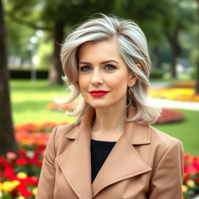 A sexy Russian woman aged 45 to 50 years with an elegant and fashionable hairstyle