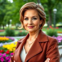 A sexy Russian woman aged 45 to 50 years with an elegant and fashionable hairstyle