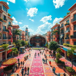 A vibrant cityscape of Yaral, with streets beautifully carpeted in colorful patterns, creating a mesmerizing visual effect