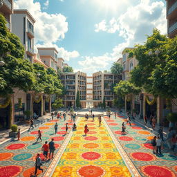 A vibrant cityscape of Yaral, with streets beautifully carpeted in colorful patterns, creating a mesmerizing visual effect