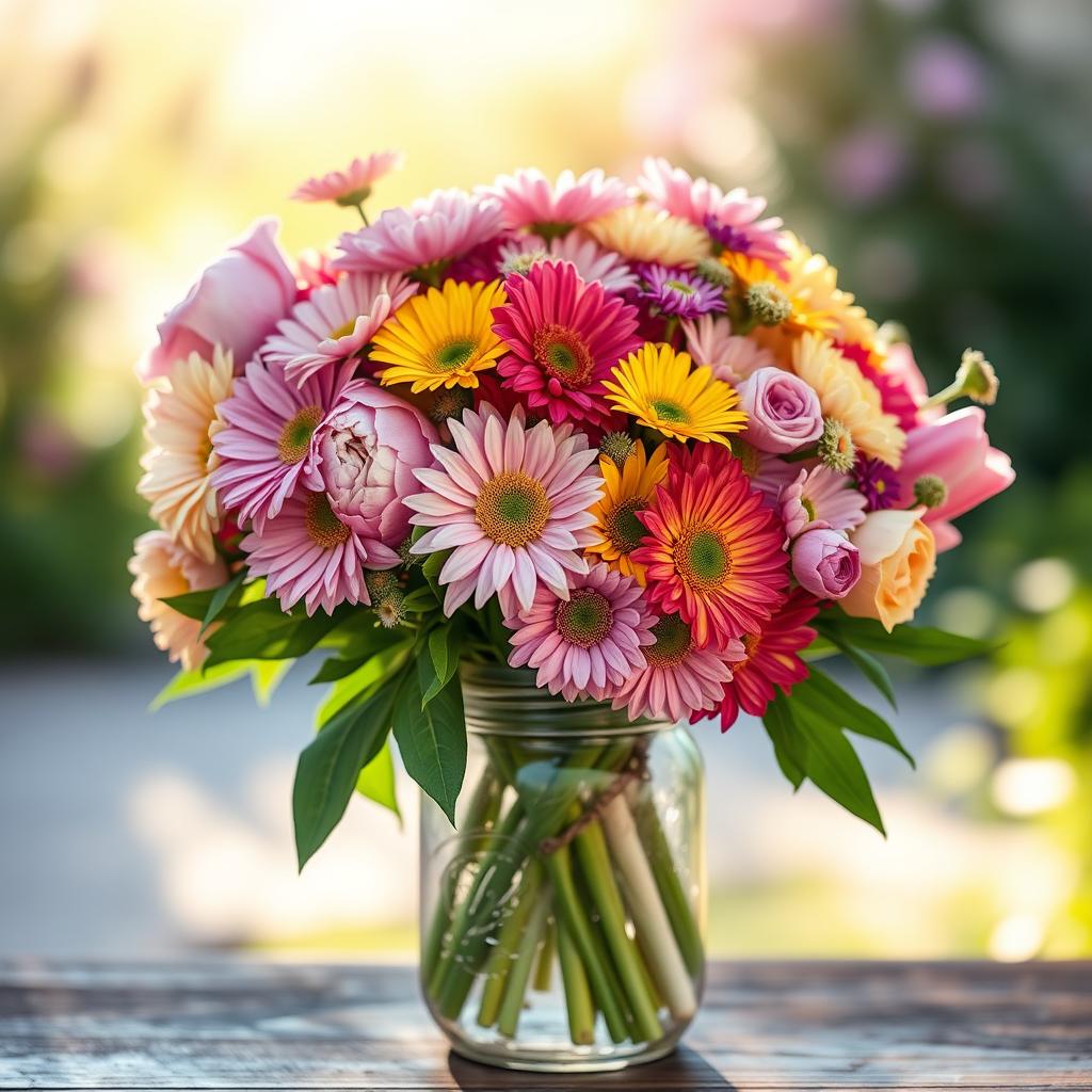 A breathtakingly beautiful bouquet of vibrant posies, featuring a variety of flowers such as peonies, daisies, and tulips in a multitude of colors including pink, yellow, and purple